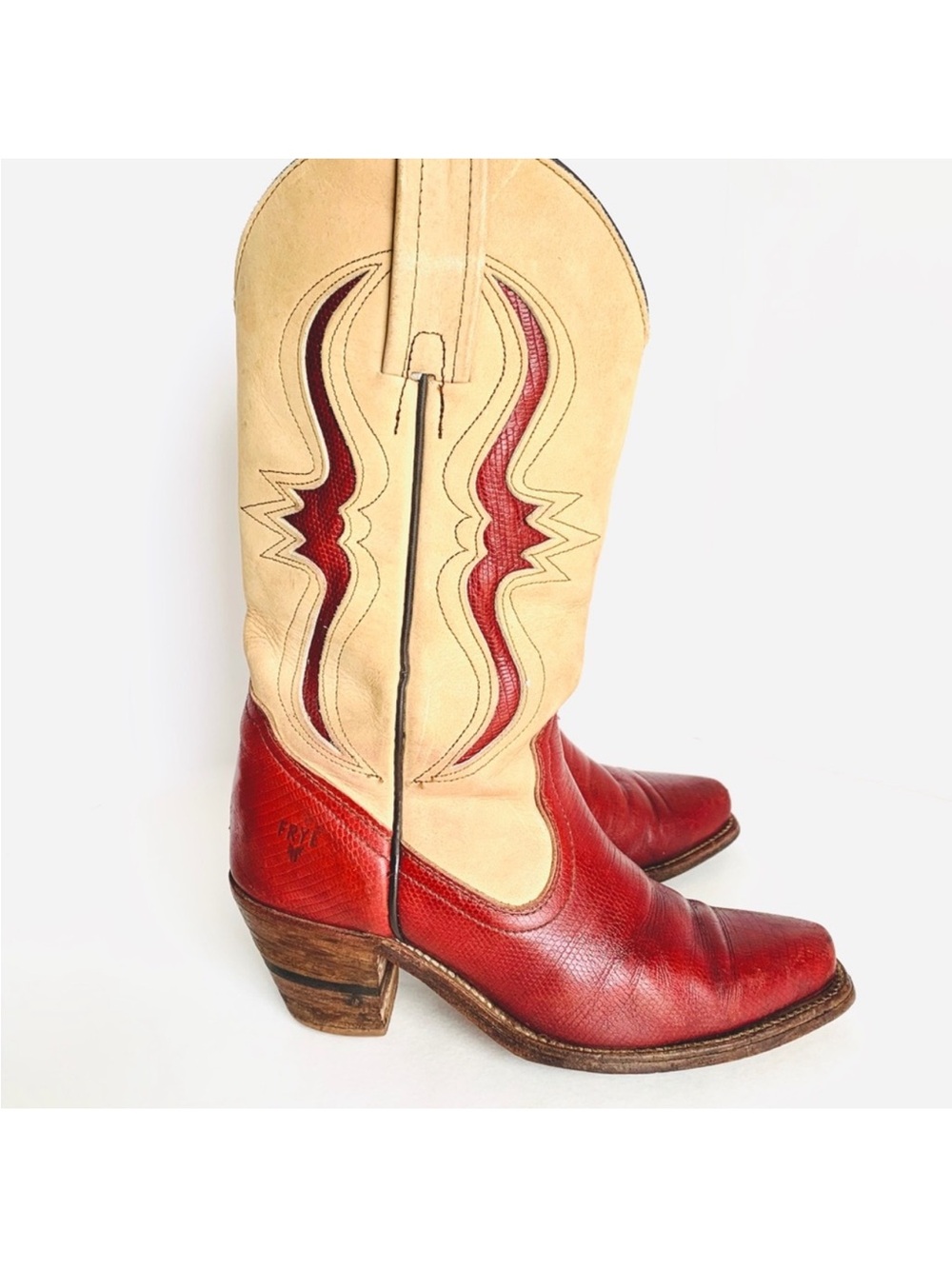 Frye vintage Two-Tone Red and Cream Western Heeled Boots
